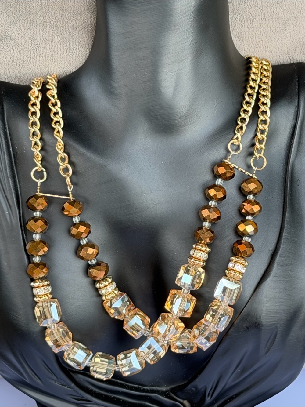 Champagne & Bronze Double Strand Faceted Bead Necklace
